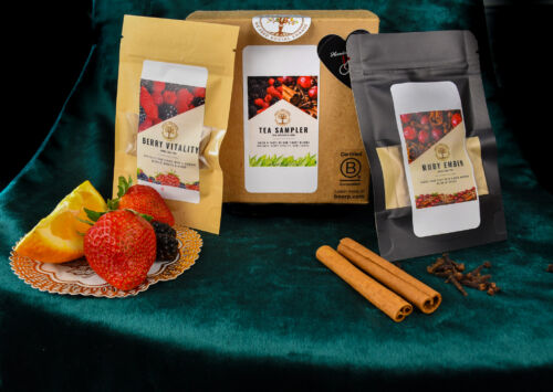 This picture shows sampler sizes of both the Ruby Ember and the Berry Vitality custom tea blends